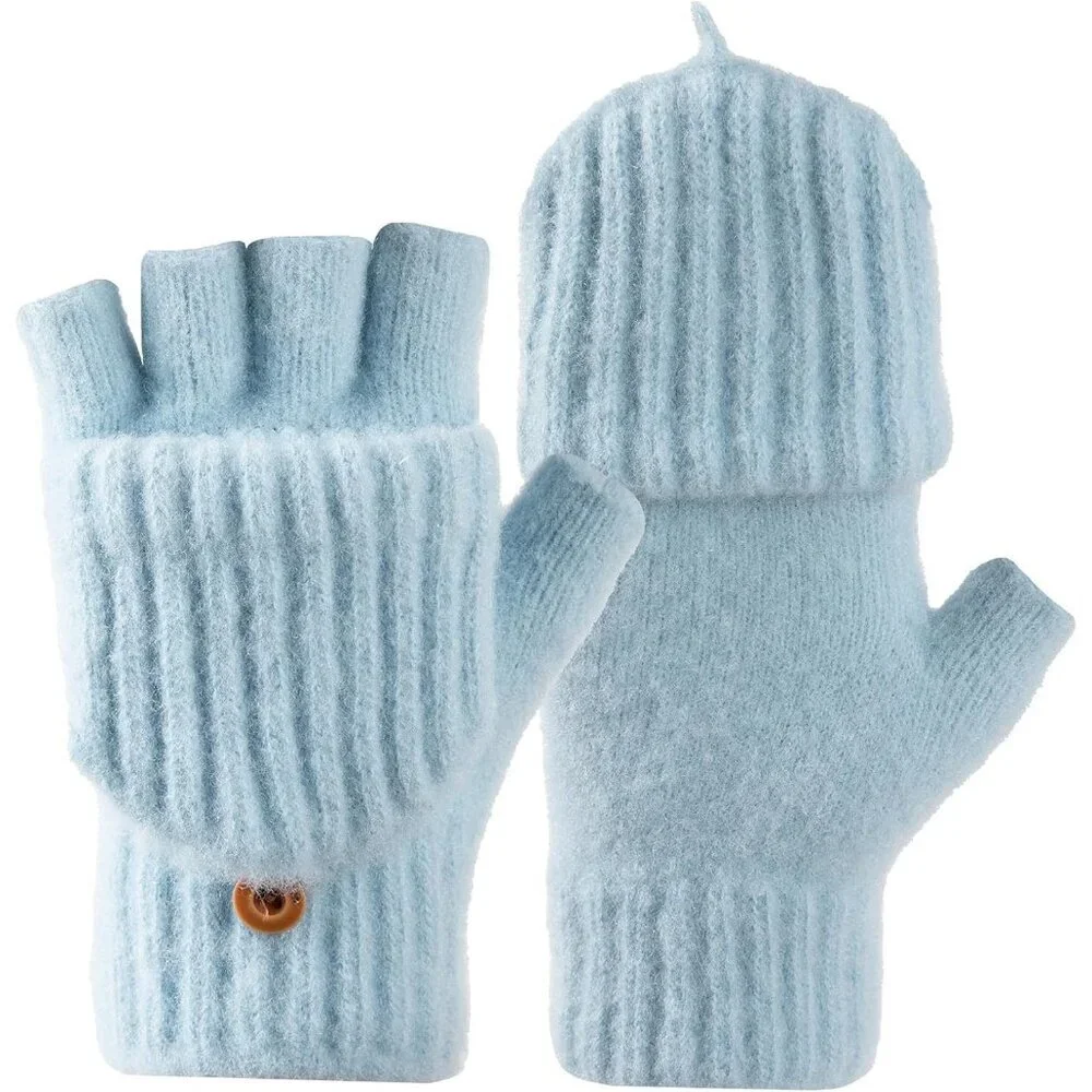 Women's Winter Warm Mittens Knitted Blue Gloves Fingerless Design Button Closure